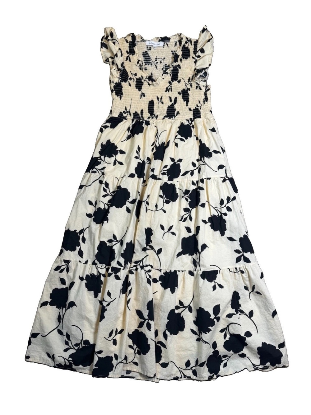 Sofie the Label Floral Maxi Dress Large Smocked Cotton Tiered Black Cream